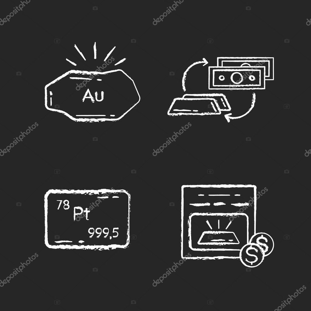 Income from metal trade chalk white icons set on black background. Golden nugget. Platinum bullion. Unallocated bank account. Business investment. Gold ore. Isolated vector chalkboard illustrations