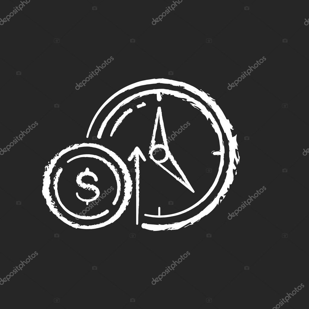 Numismatic value chalk white icon on black background. Monetary gain. Coin with dollar sign. Market income. Trading to increase financial stability. Isolated vector chalkboard illustration