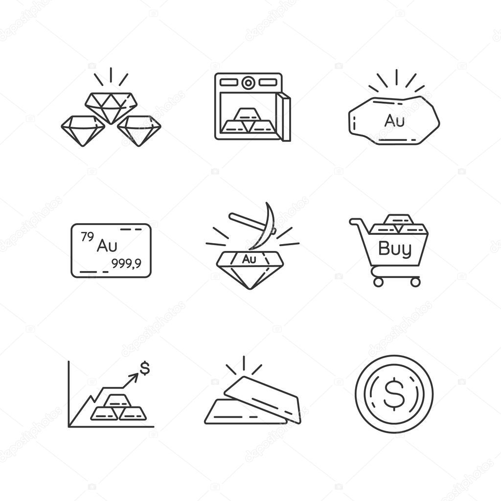 Precious metals linear icons set. Platinum and silver bars in safe. Mining for gold. Golden bullion. Customizable thin line contour symbols. Isolated vector outline illustrations. Editable stroke