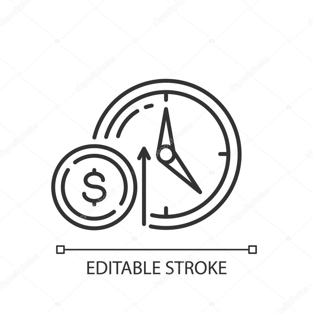 Numismatic value linear icon. Monetary gain. Coin with dollar sign. Market income. Thin line customizable illustration. Contour symbol. Vector isolated outline drawing. Editable stroke