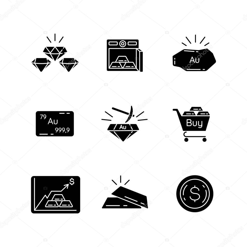 Precious metals black glyph icons set on white space. Platinum and silver bars in safe. Mining for gold. Gemstones for jewellery. Mining industry. Silhouette symbols. Vector isolated illustration