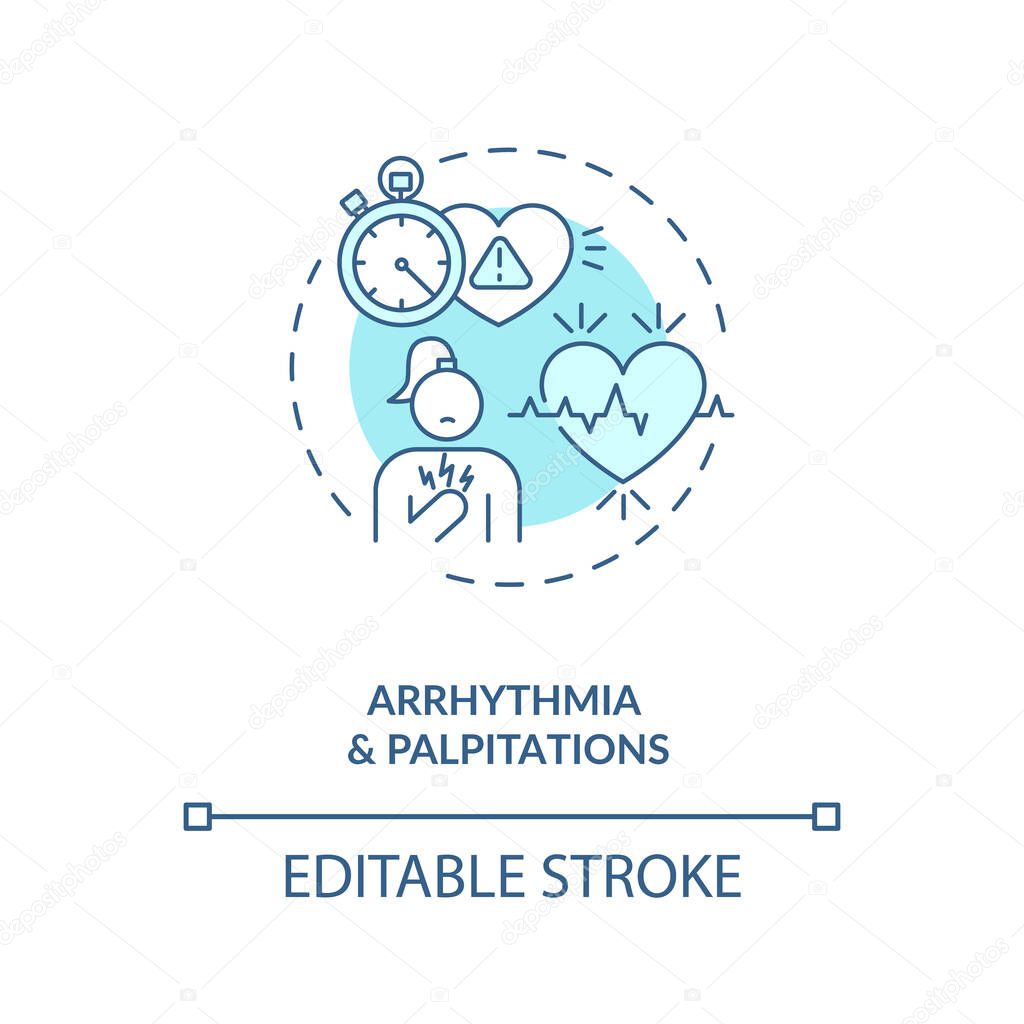 Arrhythmia and palpitations concept icon. Energetics side effect idea thin line illustration. Tachycardia. Cardiovascular disease risk. Vector isolated outline RGB color drawing. Editable stroke
