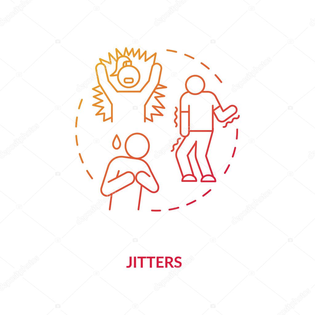 Jitters concept icon. Adrenaline levels boost idea thin line illustration. High blood pressure. Sweatiness. Energy drinks consuming. Coffee-based beverages. Vector isolated outline RGB color drawing