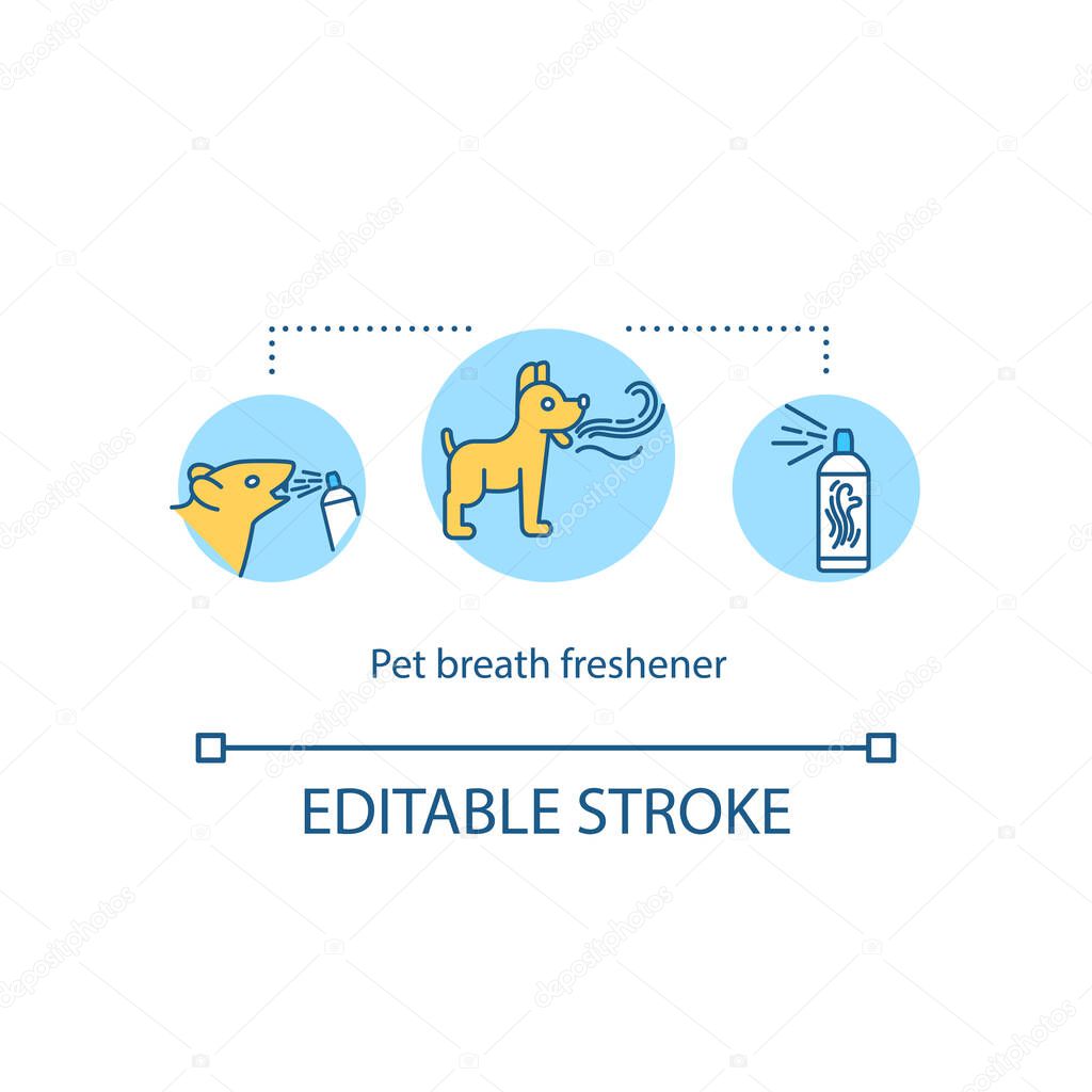 Pets breath freshener concept icon. Hygiene and care animals mouth idea thin line illustration. Teeth spray. Mouthwashes. Vector isolated outline RGB color drawing. Editable stroke