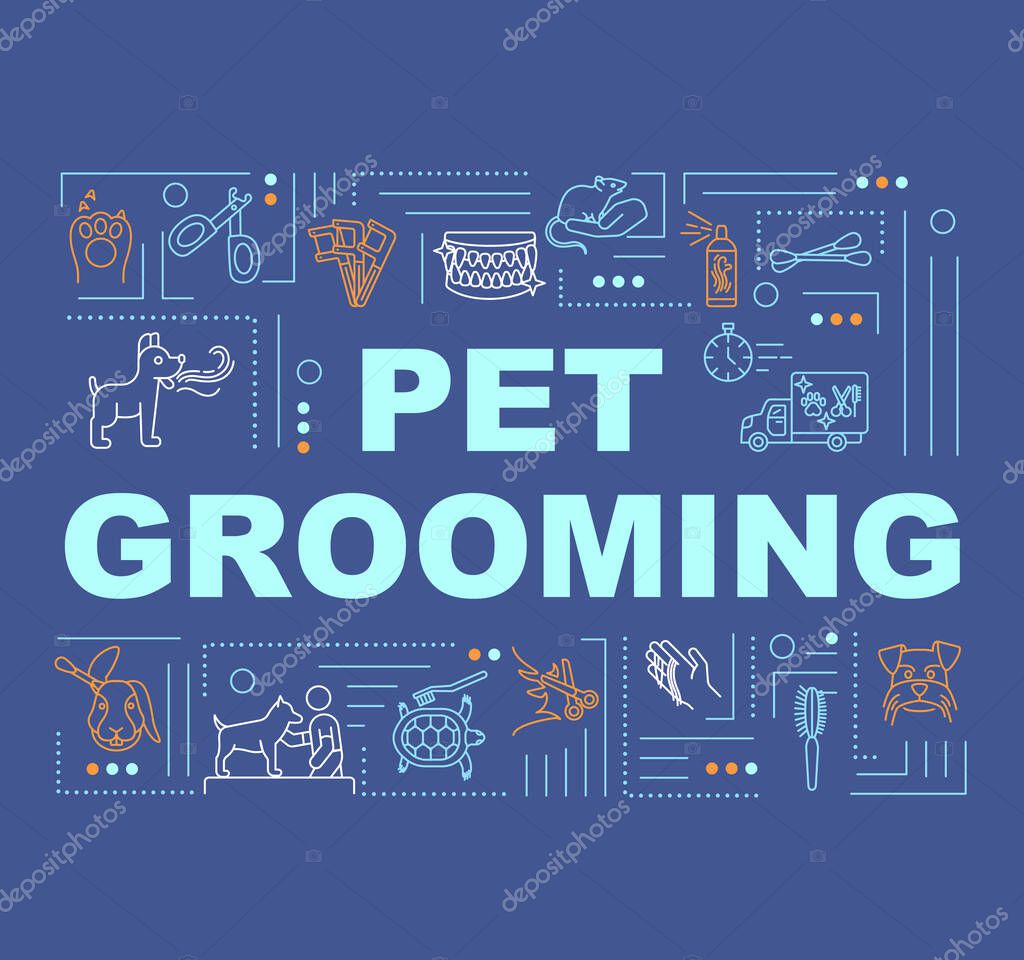 Pet grooming word concepts banner. Animal care and hygiene. Pet washing and trimming. Infographics with linear icons on blue navy background. Isolated typography. Vector outline RGB color illustration
