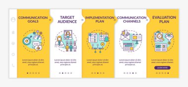 İletişim stratejisi bileşenleri vektör şablonunda. İletişim kurma fikirleri. İş toplantısı. Simgeli ilgili mobil web sitesi. Web sayfası basamak ekranları. RGB renk kavramı