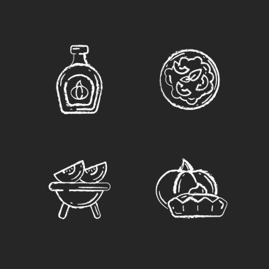 Siyah arka planda ev yapımı beyaz tebeşir simgeleri. Kızarmış kabak, balkabaklı pilav, lezzetli tart ve şurup. Kırsal yemekler, geleneksel sonbahar yemekleri. İzole edilmiş vektör karatahta çizimleri