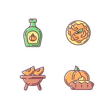 Ev yapımı RGB renk simgeleri. Kızarmış kabak, balkabaklı pilav, lezzetli tart ve şurup. Kırsal yemekler, geleneksel sonbahar yemekleri. İzole vektör çizimleri