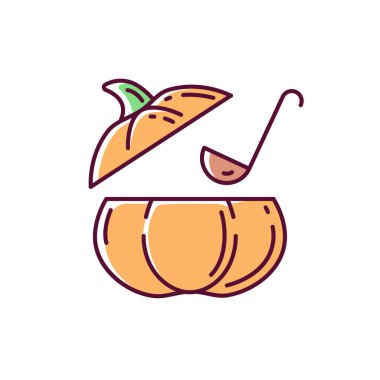 Kabak çorbası RGB renk simgesi. Kırsal yemek, geleneksel sonbahar yemeği. Vejetaryen yemeği. Kabak kabağında sağlıklı kabak çorbası. İzole vektör illüstrasyonu