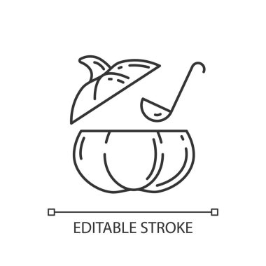 Balkabağı çorbası doğrusal simgesi. Kırsal yemek, geleneksel sonbahar yemeği. Vejetaryen yemeği ince çizgi özelleştirilebilir illüstrasyon. Contour sembolü. Vektör izole çizim. Düzenlenebilir vuruş