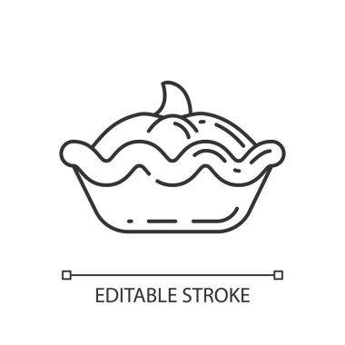 Balkabağı turtası doğrusal simgesi. Geleneksel sonbahar pastası. Cadılar Bayramı ve Şükran Günü yemeği ince bir çizgi üzerinde özelleştirilebilir illüstrasyon. Contour sembolü. Vektör izole çizim. Düzenlenebilir vuruş