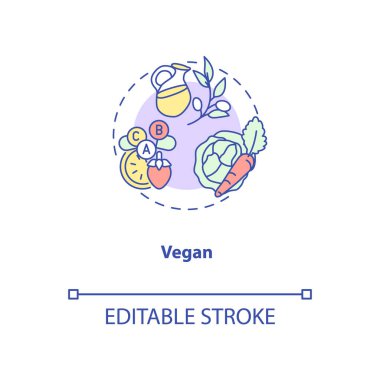 Vegan konsept ikonu. Sebze yemeği çeşitleri. Sağlıklı beslenme planı. Vejetaryen diyetleri ince çizgili çizgiler çizer. Vektör izole edilmiş RGB renk çizimi. Düzenlenebilir vuruş