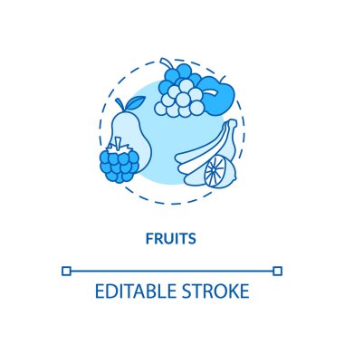 Meyve konsepti ikonu. Meyveli yemek malzemeleri. Güzel mutfak fikirleri. Vejetaryen diyet bileşenleri ince çizgi çizimi fikri. Vektör izole edilmiş RGB renk çizimi. Düzenlenebilir vuruş