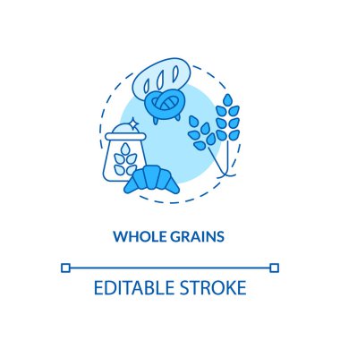 Tam tahıl konsepti ikonu. Sağlıklı hamur işleri. Doğal yemek fikirleri. Vejetaryen diyet bileşenleri ince çizgi çizimi fikri. Vektör izole edilmiş RGB renk çizimi. Düzenlenebilir vuruş