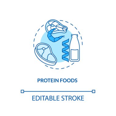 Protein Gıda konsepti ikonu. Organik et hazırlama fikirleri. Doğal yemek tarifleri. Vejetaryen diyet bileşenleri ince çizgi çizimi fikri. Vektör izole edilmiş RGB renk çizimi. Düzenlenebilir vuruş
