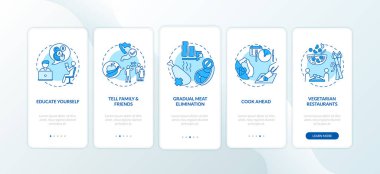 Mobil uygulama sayfası ekranında kavramlarla vejetaryen tavsiyeleri almak. Sağlıklı beslenen biri olmak için 5 adım grafik talimatlar. RGB renk resimleriyle UI vektör şablonu