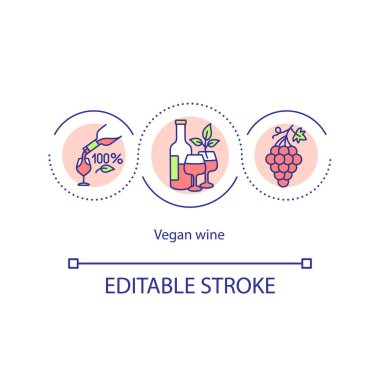 Vegan şarap konsepti ikonu. Organik içecek tipleri. Sağlıklı beslenme tarzı fikirleri. Vejetaryen yaşam tarzı fikri ince çizgi çizimi. Vektör izole edilmiş RGB renk çizimi. Düzenlenebilir vuruş