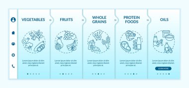 Vejetaryen diyet bileşenleri vektör şablonunda. Organik sağlıklı mutfak malzemeleri. Lezzetli vejetaryen yemeği. Simgeli ilgili mobil web sitesi. Web sayfası basamak ekranları. RGB renk kavramı