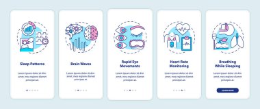 Mobil uygulama sayfasında konseptlerle birlikte uyku düzeninin tıbbi muayenesi. Sağlık kontrolü 5 aşamalı grafik talimatları inceliyor. RGB renk resimleriyle UI vektör şablonu