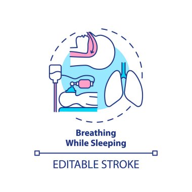 Uyku konsepti ikonuyken nefes almak. Solunum anatomisi. Burun ve ağız. Sağlık hizmetleri. Uyku hijyeni fikri ince çizgi çizimi. Vektör izole edilmiş RGB renk çizimi. Düzenlenebilir vuruş