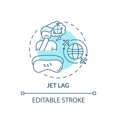 Jet lag turkuaz konsept simgesi. Uyumakta zorlanıyorum. Uluslararası uçuş. Sağlık sorunları ince çizgili resimlere neden olur. Vektör izole edilmiş RGB renk çizimi. Düzenlenebilir vuruş