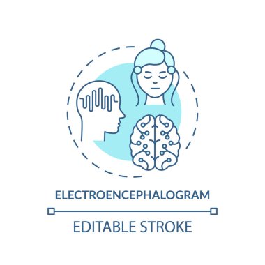 Elektroensefalogram turkuaz konsept ikonu. Bilimsel beyin çalışması. Sağlık sınavı. Tıbbi inceleme teknolojisi ince çizgi çizimi fikri. Vektör izole edilmiş RGB renk çizimi. Düzenlenebilir vuruş