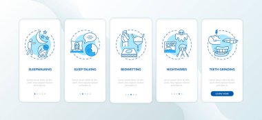 Mobil uygulama sayfası ekranında kavramlı uyku problemleri. Sağlık sorunları var. Uyku bozuklukları 5 aşamalı grafik talimatlarda geziniyor. RGB renk resimleriyle UI vektör şablonu