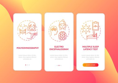 Daytime nap study red gradient onboarding mobile app page screen with concepts. Medical examination walkthrough 3 steps graphic instructions. UI vector template with RGB color illustrations clipart