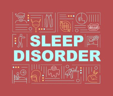 Uyku bozukluğu kelimesi afişi kavramsallaştırır. Gece istirahatı ve sirkadyan ritim sorunları. Turkuaz arka planda doğrusal simgeleri olan bilgi grafikleri. İzole tipografi. Vektör çizgisi RGB renk çizimi
