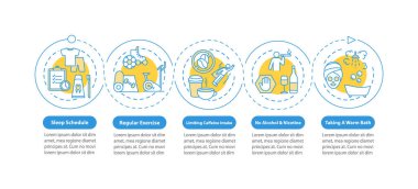 Uyku programı vektör bilgi şablonu. Gece rutin sunum tasarım elementleri. Veri görselleştirmesi 5 adımda. Zaman çizelgesi. Doğrusal simgelerle çalışma akışı düzeni