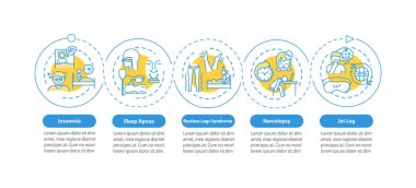 Uykusuzluk vektör bilgi şablonu üzerinde. Uykusuzluk tasarım elementleri. Veri görselleştirmesi 5 adımda. Zaman çizelgesi. Doğrusal simgelerle çalışma akışı düzeni