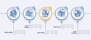 Sleep disorder types vector infographic template. Insomnia symptoms presentation design elements. Data visualization with 5 steps. Process timeline chart. Workflow layout with linear icons clipart