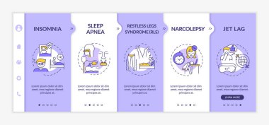 Uykusuzluk türleri vektör şablonunda. Uyku bozukluğu belirtileri. Huzursuz bacak sendromu. Simgeli ilgili mobil web sitesi. Web sayfası basamak ekranları. RGB renk kavramı