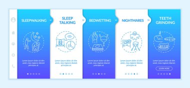 Uyku bozuklukları vektör şablonunda. Sağlık sorununun belirtileri. Uykusuzluk tedavisi. Simgeli ilgili mobil web sitesi. Web sayfası basamak ekranları. RGB renk kavramı