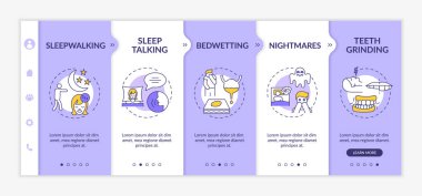 Sleep disorder types onboarding vector template. Sleeplessness treatment. Stress and anxiety. Responsive mobile website with icons. Webpage walkthrough step screens. RGB color concept clipart