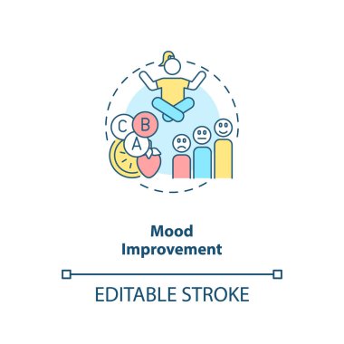 Ruh hali iyileştirme konsepti ikonu. Probiyotik sağlık yararları ince çizgi çizimi fikri. Depresyon, endişe azaltıcı. Akıl sağlığı desteği. Vektör izole edilmiş RGB renk çizimi. Düzenlenebilir vuruş