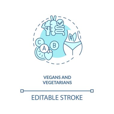Vejetaryen ve vejetaryen konsept ikonu. İlave ürünlerdeki insanların ince çizgili resimlere ihtiyacı vardır. Tavsiye edilen günlük alımlar. B12 ile güçlendirilmiş yiyecekler. Vektör izole edilmiş RGB renk çizimi. Düzenlenebilir vuruş