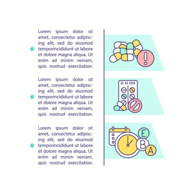 Metinli takviye malzemesi konsepti günlük alımı. Aşırı dozda hap. İlaç zamanı. PPT sayfa vektör şablonu. Broşür, dergi, kitapçık tasarım ögesi doğrusal çizimler