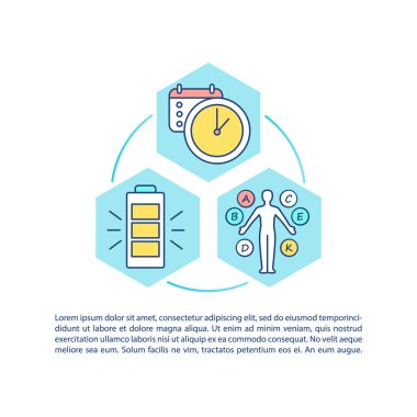 Metinli günlük vitamin kompleksi konsepti. Doğal takviye. Sağlıklı vücut ve deri. PPT sayfa vektör şablonu. Broşür, dergi, kitapçık tasarım ögesi doğrusal çizimler