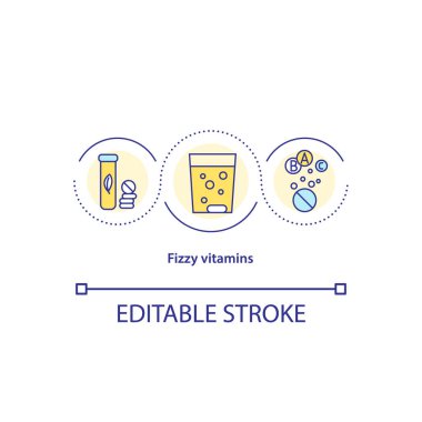 Fizzy vitamin konsepti ikonu. Haplar sıvı bardakta erir. Doğal probiyotikler. Günlük takviyeler ince çizgiler çiziyor. Vektör izole edilmiş RGB renk çizimi. Düzenlenebilir vuruş