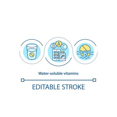 Su çözünür vitamin konsepti ikonu. Hap ve ilaç kullanımı ince çizgili çizgiler çiziyor. Daha iyi sağlık için takviyeler. Vektör izole edilmiş RGB renk çizimi. Düzenlenebilir vuruş