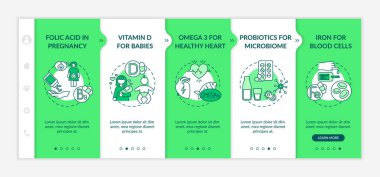 Vitaminler ve takviyeler vektör şablonunda. Hamilelik, bebekler, sağlıklı kalp için. Simgeli ilgili mobil web sitesi. Web sayfası basamak ekranları. RGB renk kavramı