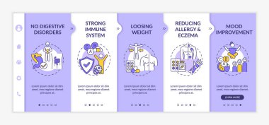 Probiyotikler vektör şablonunda işe yarıyor. Sindirim bozukluğu yok, alerji ve egzama azalıyor. Simgeli ilgili mobil web sitesi. Web sayfası basamak ekranları. RGB renk kavramı