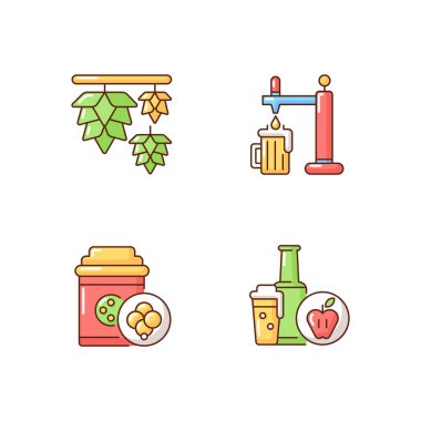 Bira içilen RGB renk simgeleri ayarlandı. Alkol hazırlamak için bitkisel içecekler. İçecek üretimi için fermantasyon. Şişe elma şarabı. Barda fıçı bira. Bar menüsü. İzole vektör çizimleri