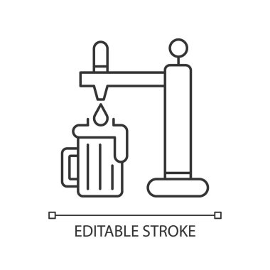 Bira piksel mükemmel doğrusal ikon. Bardağa bira dolduruyorum. Bardan içecek. Bar menüsü. İnce çizgi özelleştirilebilir illüstrasyon. Contour sembolü. Vektör izole çizim. Düzenlenebilir vuruş
