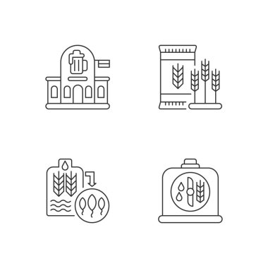 Bira imalatı piksel mükemmel doğrusal simgeler seti. Bar işletmesi. Yapım için arpa arpası. Özelleştirilebilir ince çizgi şekilleri. İzole vektör çizimi çizimleri. Düzenlenebilir vuruş
