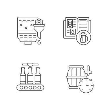 Bira üretim pikseli mükemmel doğrusal simgeler ayarlandı. Alkol üretimi için tarif. İçecek imalatı. Özelleştirilebilir ince çizgi şekilleri. İzole vektör çizimi çizimleri. Düzenlenebilir vuruş