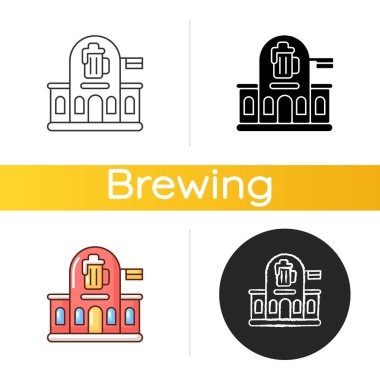 Bar ikonu. Bira içmek için bar önü. Bira dükkanı. Alkolik içecek dükkanı. Bira ve bira fabrikası. Geleneksel İngiliz lokantası. Lineer siyah ve RGB renk stilleri. İzole vektör çizimleri