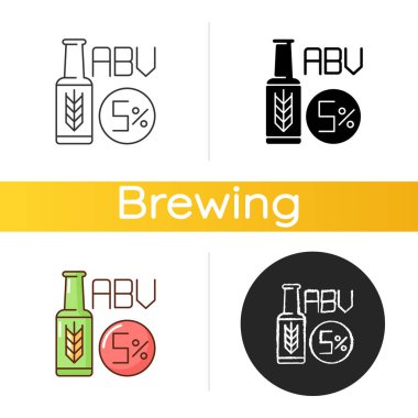 Cilt simgesine göre alkol. Alkolik içecek. Şişede bira. Bira ve bira. Bardan sert bir bira. ABV yüzde olarak ölçülmüş. Lineer siyah ve RGB renk stilleri. İzole vektör çizimleri