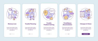 Early signs of dementia onboarding mobile app page screen with concepts. Alzheimer symptom. Brain health care walkthrough 5 steps graphic instructions. UI vector template with RGB color illustrations clipart